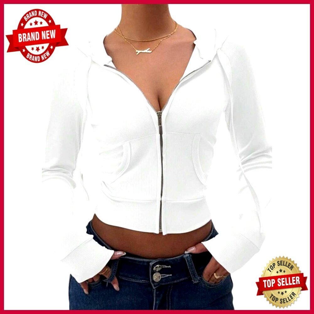 Slim Fit Cropped Zip Hoodie with Pockets, Ribbed Knit Fabric, Long Sleeve